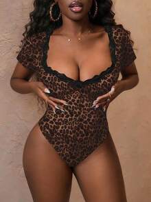 INAWLY Solva Sexy lässiger Damen-Bodysuit in großen Größen mit Leopardenmuster, Herz-Ausschnitt und kontrastierender Spitze, Sommer - Verschiedenfarbig - Übersicht 4