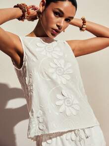 Poéselle Women's White Floral Floral Embroidered Sleeveless Tank Top,3D Flower Appliqué Loose Blouse For Summer,Tropical Vacation,Holiday,Beach Vacation - White - View 3