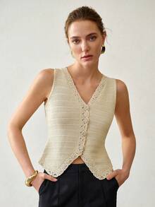 MOTF PREMIUM WOMEN V-NECK FRONT BUTTON SLEEVELESS KNIT TOP - Apricot - View 4
