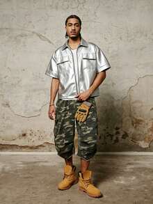 PAVTROS Men's PU Loose Short Sleeve Zip-Up Shirt - Silver - View 6