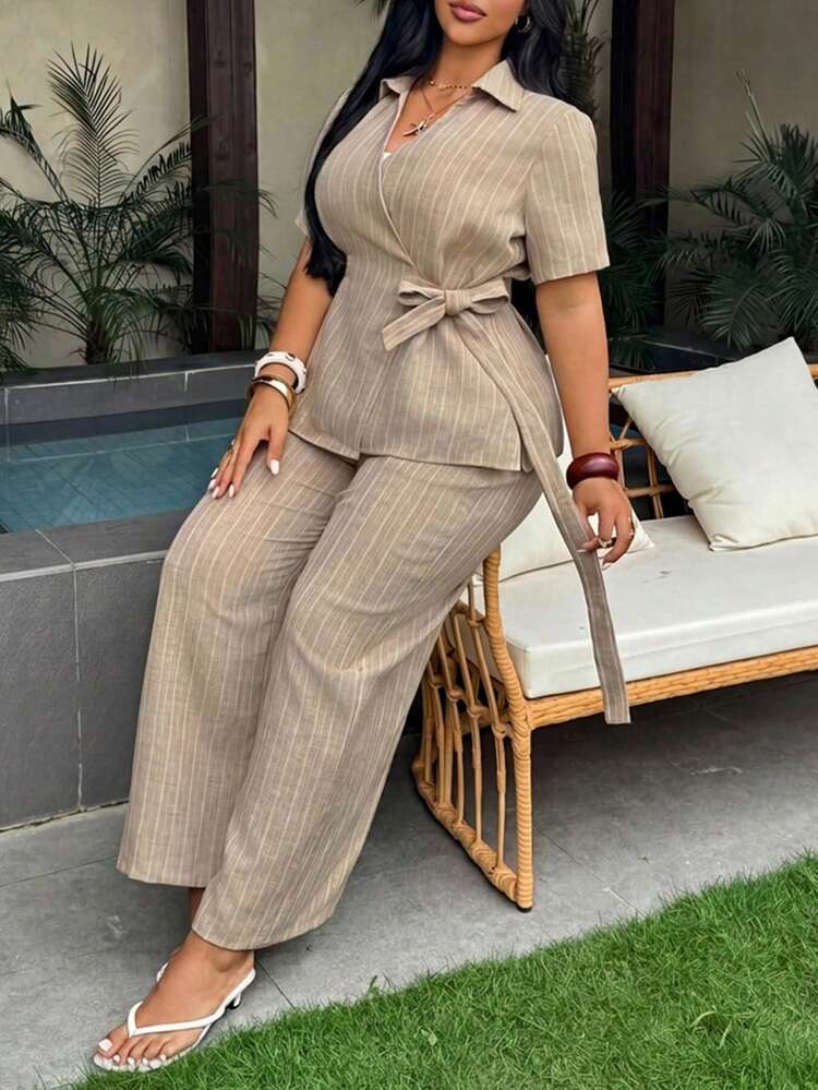 Dazy Plus Spring & Summer Loose Business Casual Vacation Style Fashion Office Wear Striped Waist Tie Wrap Design V-Neck Blouse And Wide Leg Casual Pants Set, Women Plus Size