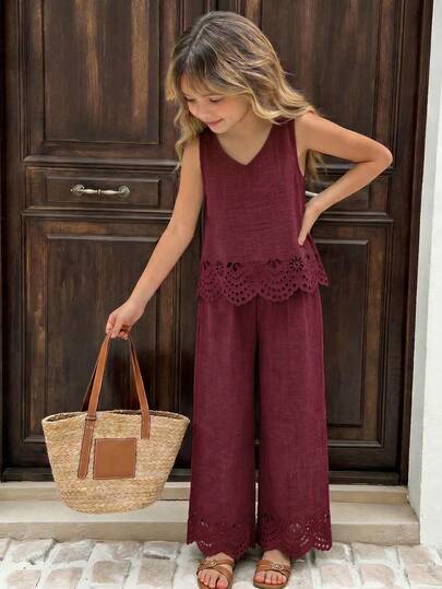 SHEIN 2pcs/Set Girls Casual Commuter Bamboo Fiber Bowknot Decor V-Neck Sleeveless Hollow Hem Loose Tank Top And Waist Cinched Loose Woven Pants Outfit, Suitable For Daily Casual Outing