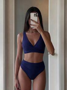 New V-Neck Solid High Waist Bikini 2 Pieces Swimsuit For Women, Beach Summer Outfits Navy Blue Blue Low Rise - Navy Blue - View 7