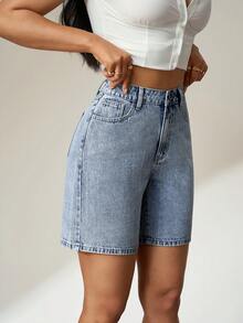 Flexra Quần short denim dáng suông rộng rãi, thoải mái dành cho nữ, có túi, thích hợp cho mùa hè. - Rửa nhẹ - Xem 5