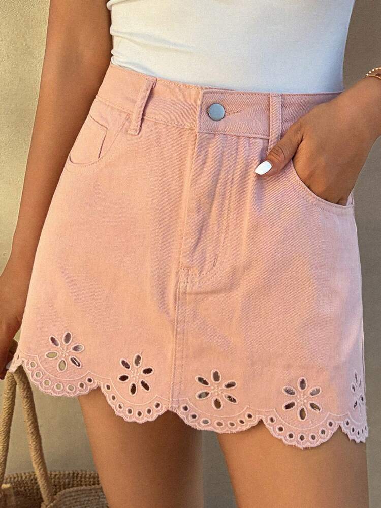 Women's Summer Lace Trim Casual Mini Denim Skirt, Pink