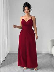 Elenzga Fashionable Casual Romantic Retro Elegant V-Neck Waist Cinched Jumpsuit For Commuting - Red - View 4