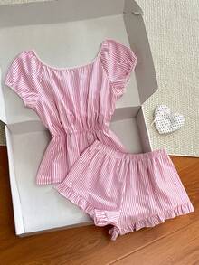 Elamini Französischer Retro-Süßes-Mädchen-Frisch-Alltags-Ausflug-Campus-Outfit-Zuhause-Lässig-Top: Puffärmeliges Crop-Top mit Kragen, Knopfleiste; Unterteil: Hose mit Rüschensaum-Dekor, Frühling Sommer Herbst rosa & weiß gestreiftes 2-teiliges Set für Frauen - Pink - Übersicht 2