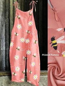 Linhara Plus Size Women Casual Printed Jumpsuit Fall - Pink - View 1
