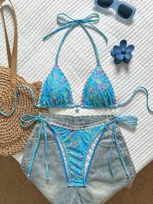 Swim Mod 两件套，随机花卉和海星印花挂脖三角比基尼上衣和侧系带泳裤，性感女士泳装套装，适合春夏度假穿着，Zestiva泳装Zante假日套装，Yummy Control泳装 - 彩色 - 查看 2