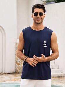 Mercer Haus 1 chiếc áo tank top nam cổ tròn in hình cây dừa, kiểu dáng thường ngày, thích hợp cho mùa hè. - Màu xanh hải quân - Xem 4