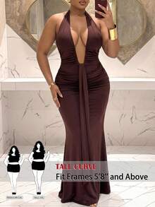 SHEIN Tall CURVE CURVE New Plus Size Women's Tall Brown Summer Girlism Night Out Wedding Club Halter Dress,Ruched High-Waisted Long Party Wedding Guest Dresses Elegant - Brown - View 2