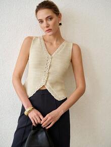 MOTF PREMIUM WOMEN V-NECK FRONT BUTTON SLEEVELESS KNIT TOP - Apricot - View 2