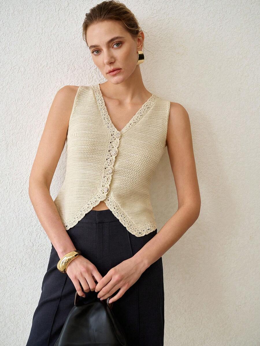 MOTF PREMIUM WOMEN V-NECK FRONT BUTTON SLEEVELESS KNIT TOP - Apricot - View 2