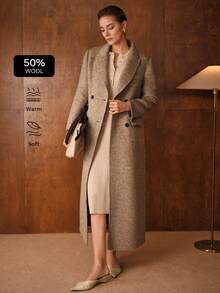 PREMIUM WOOL PEAK COLLAR DOUBLE BREASTED OVERCOAT - Brown - View 2