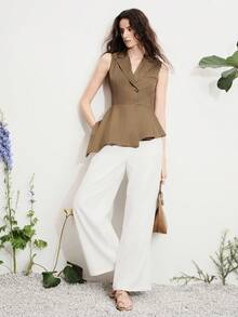 Aveloria Modichic 浅焦糖色条纹无袖翻领腰部不对称下摆喇叭形优雅通勤百搭现代简约设计女式西装外套 - 彩色 - 查看 5