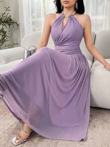 Feyla Women's Summer Solid Color Ruched Backless Halter Dress - Purple - View 5