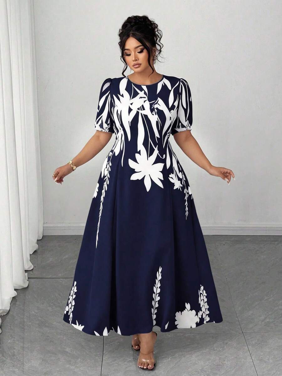 SHEIN PETITE CURVE Plus Size Women Elegant A-Line Dress, Slimming Waist, Suitable For Daily Commute And Beach Vacation Gym Brown Summer - Navy Blue - View 1