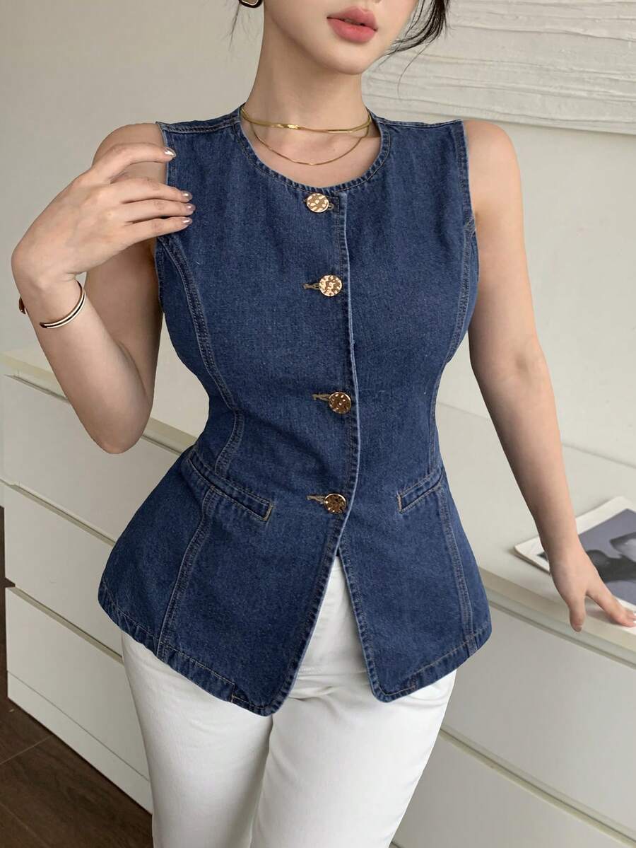 DAZY Áo khoác denim ôm dáng không tay dành cho nữ, thích hợp cho mùa xuân và mùa hè. - Màu xanh lam - Xem 1