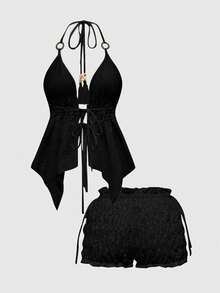 ROMWE Avant Conjunto de 2 piezas de top con tirantes finos y espalda descubierta, y shorts bombachos, con decoración de cuentas de madera estilo Y2K para mujeres - Negro - Ver 2