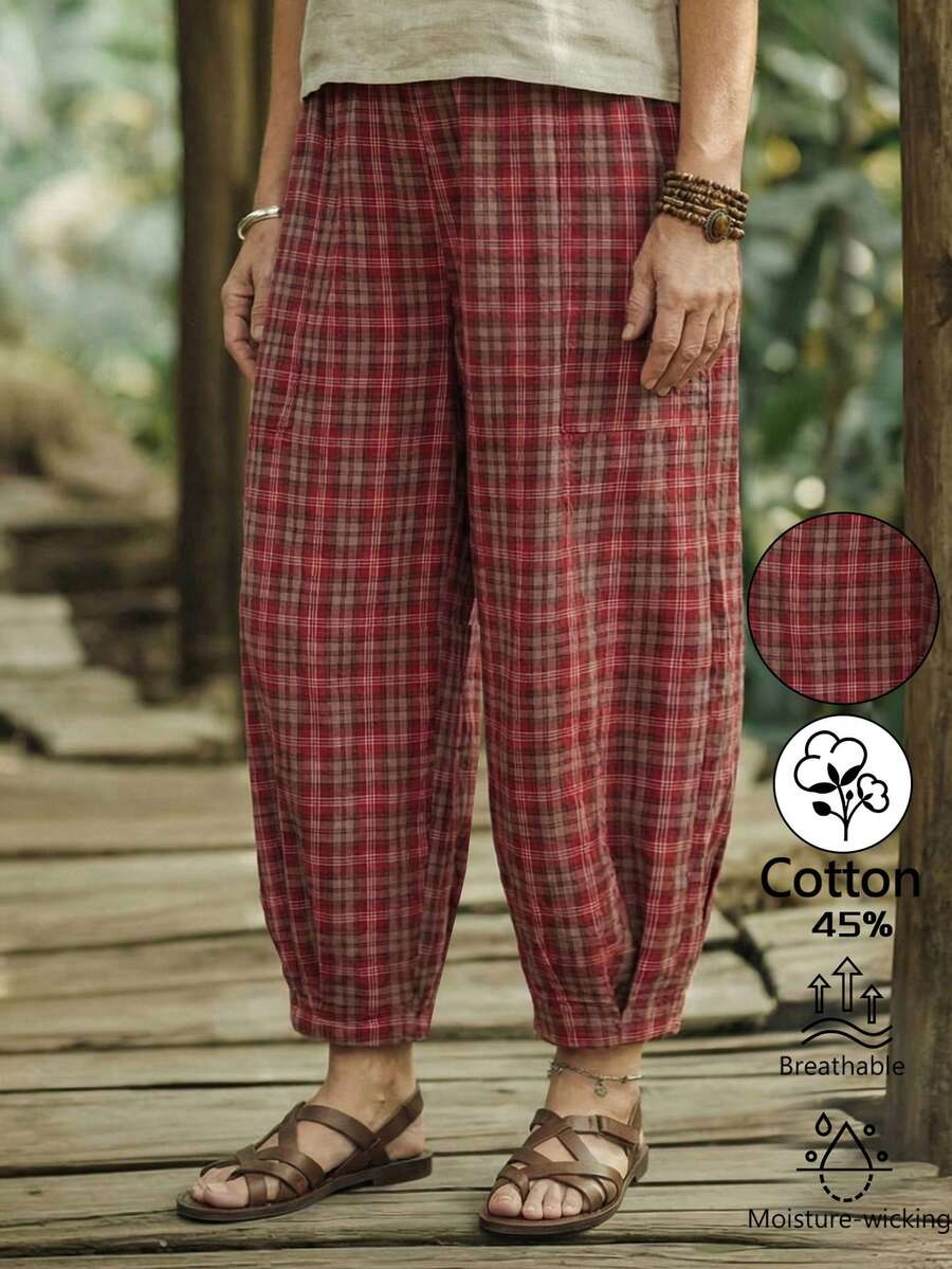 EMERY ROSE Quần dài nữ mùa hè bằng vải, cạp chun dễ mặc/cởi, họa tiết kẻ caro đỏ, túi xéo, gấu quần xếp ly, ống côn lửng, chất liệu giả vải lanh. - Đỏ - Xem 1