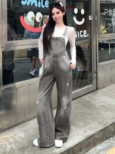 DAZY Shiny Rhinestone Decor 3D Bow Vintage Washed Gray Music Festival Valentine's Day Casual Street Outdoor Straight Leg Jeans Overalls For Women