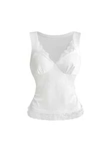 ROMWE Avant Áo tank top trắng ôm dáng tối giản, đa năng, phối ren tương phản, phong cách Y2K dành cho nữ, thích hợp mặc hàng ngày đi làm, mùa hè. - trắng - Xem 1