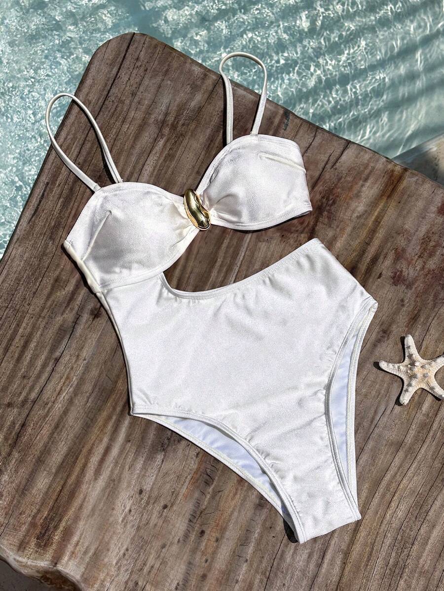 Swim Chiccia Đầm liền thân thanh lịch dành cho nữ, kiểu dáng hai dây, khoét eo, trang trí kim loại, thích hợp cho kỳ nghỉ. - Màu be - Xem 1