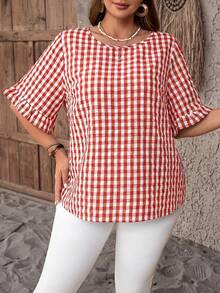EMERY ROSE Plus Size Summer Casual Vacation Plaid Round Neck Short Sleeve Shirt - Red - View 4