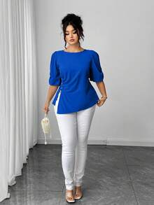 SHEIN Elenzya Áo kiểu nữ cỡ lớn, tay ngắn, màu xanh dương, chất liệu dệt kim, trang trí đính cườm, ôm dáng. - Xanh đậm - Xem 3