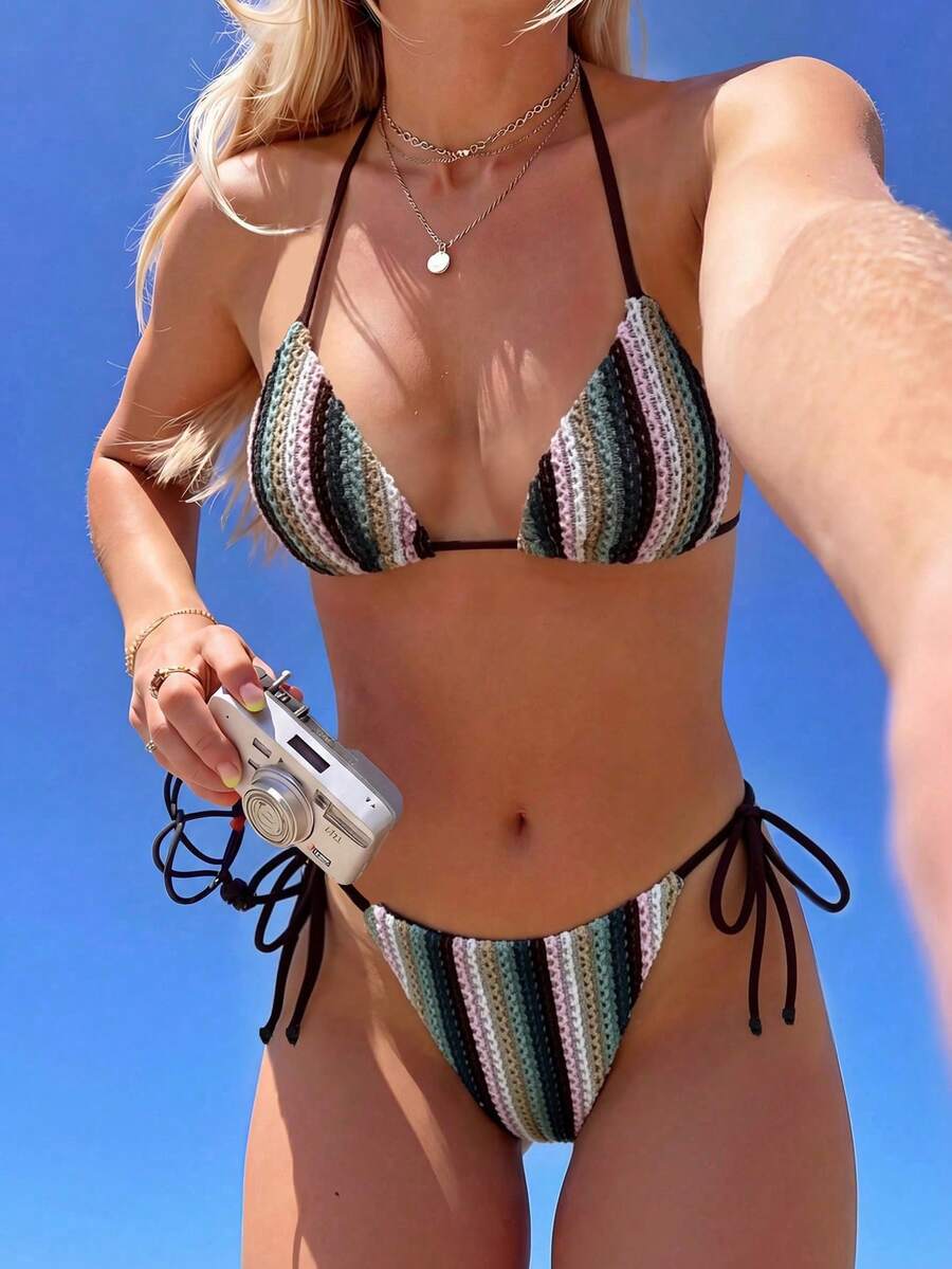 SHEIN Swim Mod 女士提花面料挂脖比基尼套装，春夏款 - 彩色 - 查看 1