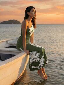 CAJUNI Asymmetric Design Knitted Dress, Abstract Floral Print, Elegant,Dresses For Women Summer - Green - View 3