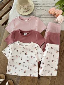 LMoss Kids 6件套女婴可爱休闲碎花弹力针织连体衣套装 - 彩色 - 查看 6