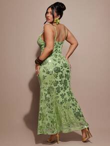 SHEIN BAE Plus Size Women Green Sequin Strap Dress - Green - View 2