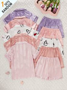 (Envío Aleatorio 1 Set) Conjunto de Ropa de Estar en Casa Cómodo de 2 Piezas para Niñas con Manga Corta & Pantalones Cortos, 1 Top de Manga Corta + 1 Par de Pantalones Cortos - Multicolor - Ver 2