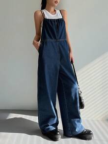 DAZY Mono de verano con correa para la cintura para mujer, pantalones peto vaqueros lavados y elegantes casuales - Azul lavado oscuro - Ver 3