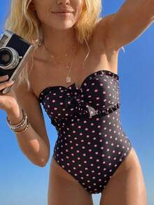 SHEIN Swim Mod 1 bộ áo tắm chấm bi 2026 có dây đeo điều chỉnh được và tháo rời, kiểu dáng dễ thương với bèo nhún và nơ ở ngực, phong cách thường ngày đi biển dành cho nữ. - Nhiều màu - Xem 6
