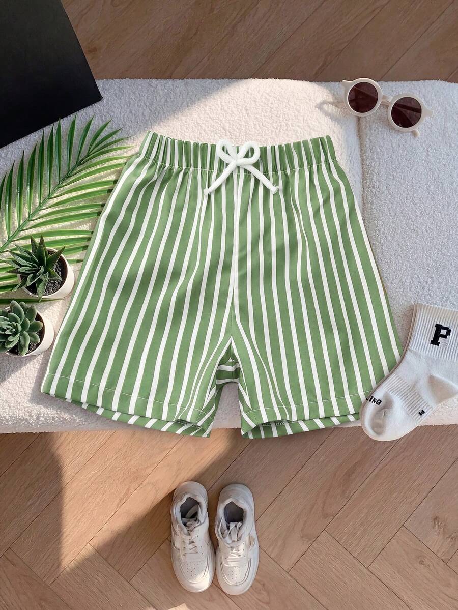 SHEIN Playful Pals Young Boy Casual Striped Suit Shorts,Holiday,Summer,Travel - Lime Green - View 1