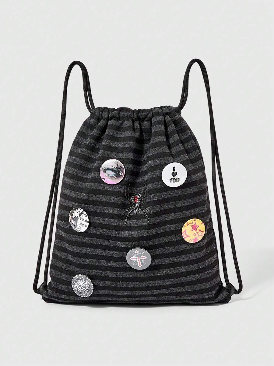 ROMWE Anime 1 pieza Mochila con cordón de gran capacidad, estilo gótico oscuro, con diseño de araña de strass, a rayas negras y grises, decoración versátil y casual, adecuada para ir al trabajo, socializar y compras - Gris negro - Ver 1