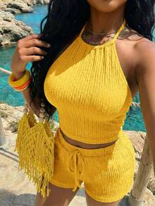 Slaydiva 2026 ربيع/صيف جديد كاجوال منتجع بوهيمي ضيق الملاءمة أصفر خردلي محبوك بنسيج - أوزة صفراء - مشاهدة 5