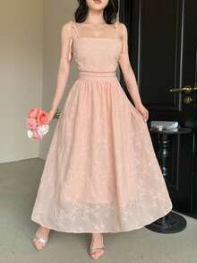 DAZY Đầm dài gợi cảm mùa xuân hè dành cho nữ, dây mảnh, thắt eo, chất liệu ren, màu hồng. - Hồng - Xem 3