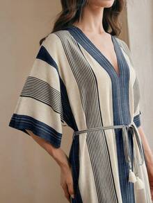Anewsta Loose V-Neck Printed Beach Dress, Navy Blue And White, Vacation Style, Autumn Boho - Royal Blue - View 8