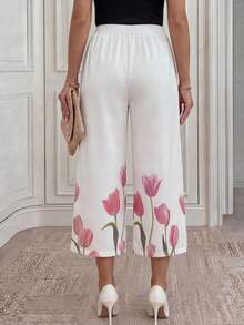 Miaspire Middle-Aged & Elderly Women's Clasic Elastic Waist Tulip Flower Pattern Straight Leg Pants,Mother Of The Bride Elegant Floral Loose Summer Trousers - White - View 2