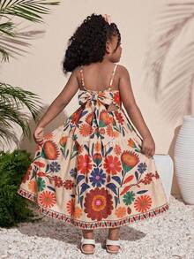 Young Girl Summer Beach Vacation Chiffon Floral Pattern Bow Decor Vacation Slip Dress - Multicolor - View 3