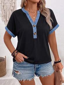 EMERY ROSE Fashionable Casual Basic Wide V-Neck Denim Collar & Cuff Rivet Button T-Shirt - Multicolor - View 3