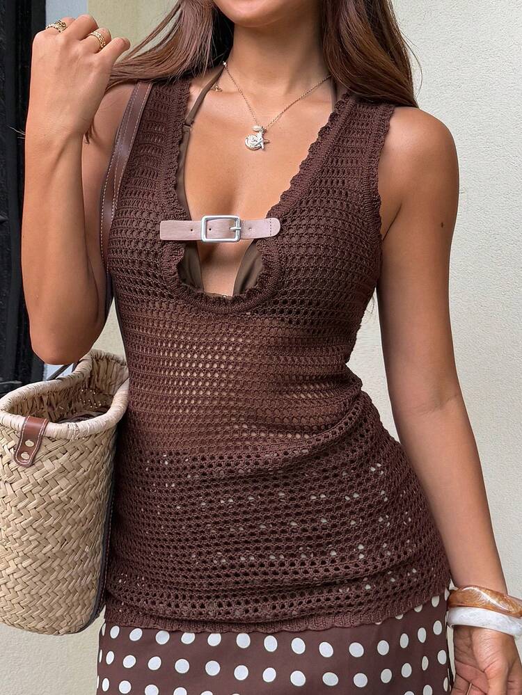 Solid Color Hollow Deep V Sleeveless Backless Dress, Sexy Beach Cover Up Knit Tank Top For Women