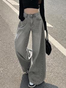 DAZY Jeans de pierna recta de unicolor y minimalistas para mujer - Gris - Ver 3