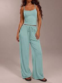 Avantive Women's Vacation Solid Color Camisole And Pants Casual Suit,Vacation Outfits Women,Summer Outfits For Women - Mint Green - View 5