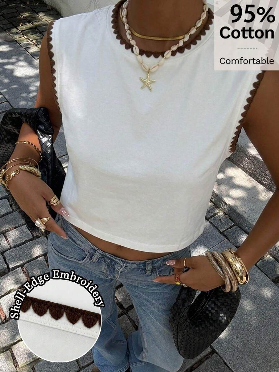 Siren Gaze Áo tank top nữ màu trắng trơn, chất liệu 95% cotton, viền chỉ màu nâu - Thanh lịch và tinh tế, hoàn hảo cho công sở, đi làm, hẹn hò, lễ hội miền Tây, trang phục thường ngày mùa xuân và hè, thoáng khí, phong cách đường phố retro Y2K, thích hợp cho câu lạc bộ, phòng tập, lễ hội âm nhạc và trang phục hàng ngày. - Nhiều màu - Xem 1