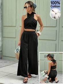 Serisse Conjunto de 2 piezas de top halter sin espalda de unicolor y pantalones con bolsillo en diagonal para mujer - Negro - Ver 1
