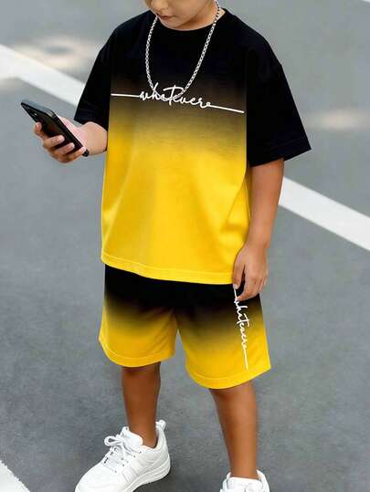 两件套幼儿男童休闲创意渐变黑黄字母印花短袖T恤和短裤，舒适日常穿着，适合春、夏、秋季穿着。